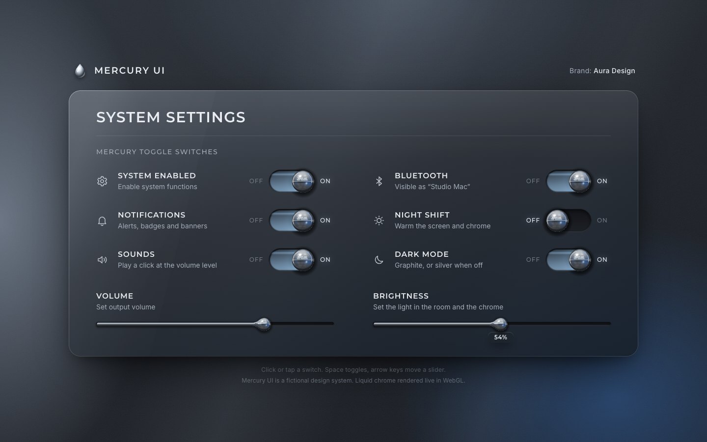 The panel with WebGL chrome beads that reflect a studio with a window wall and soft boxes, the lit ice-blue grooves behind the ON beads, and a 54% value bubble under the Brightness bead.