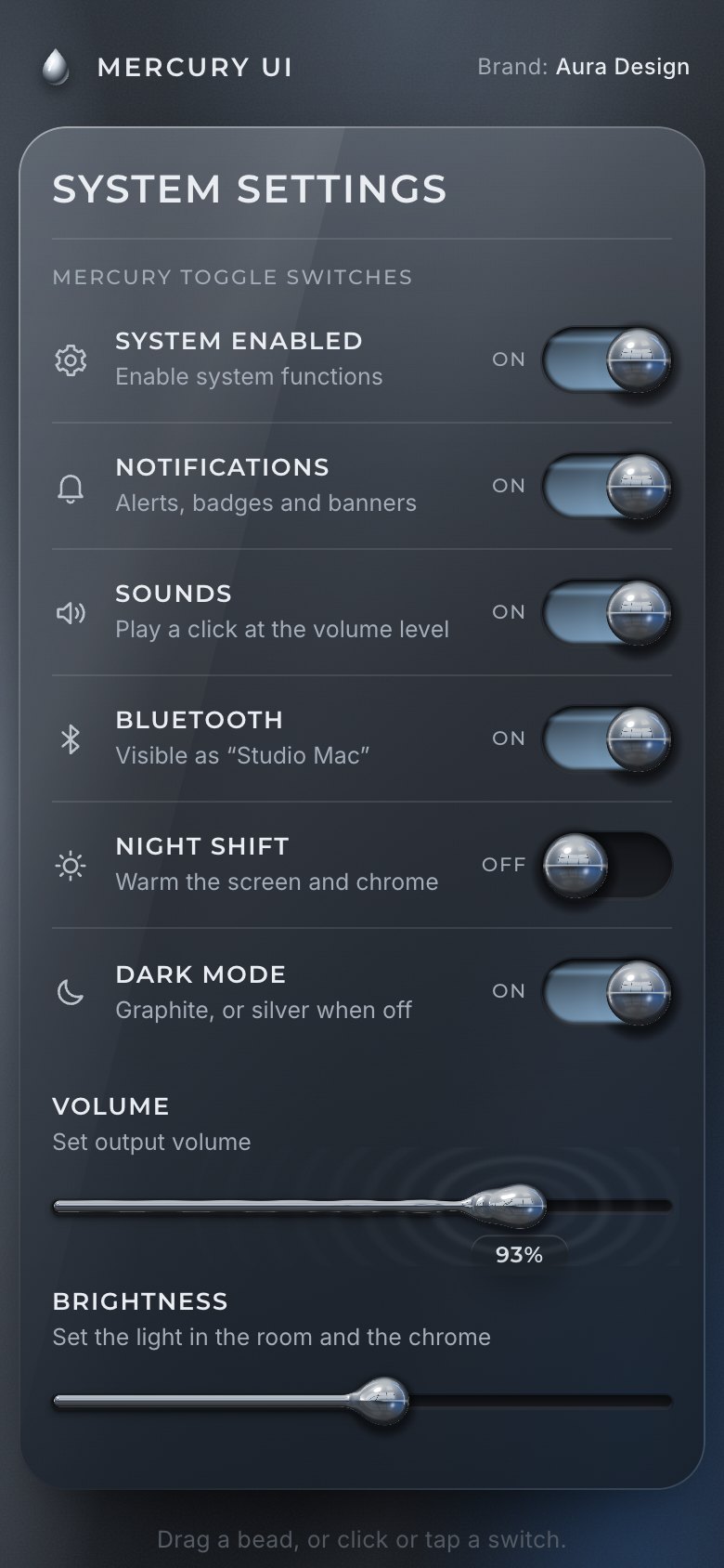 The panel on a phone: a full-width settings list with the state word beside each chrome switch, and a finger dragging the Volume bead to the right, the thread rippling under a 93% value bubble.