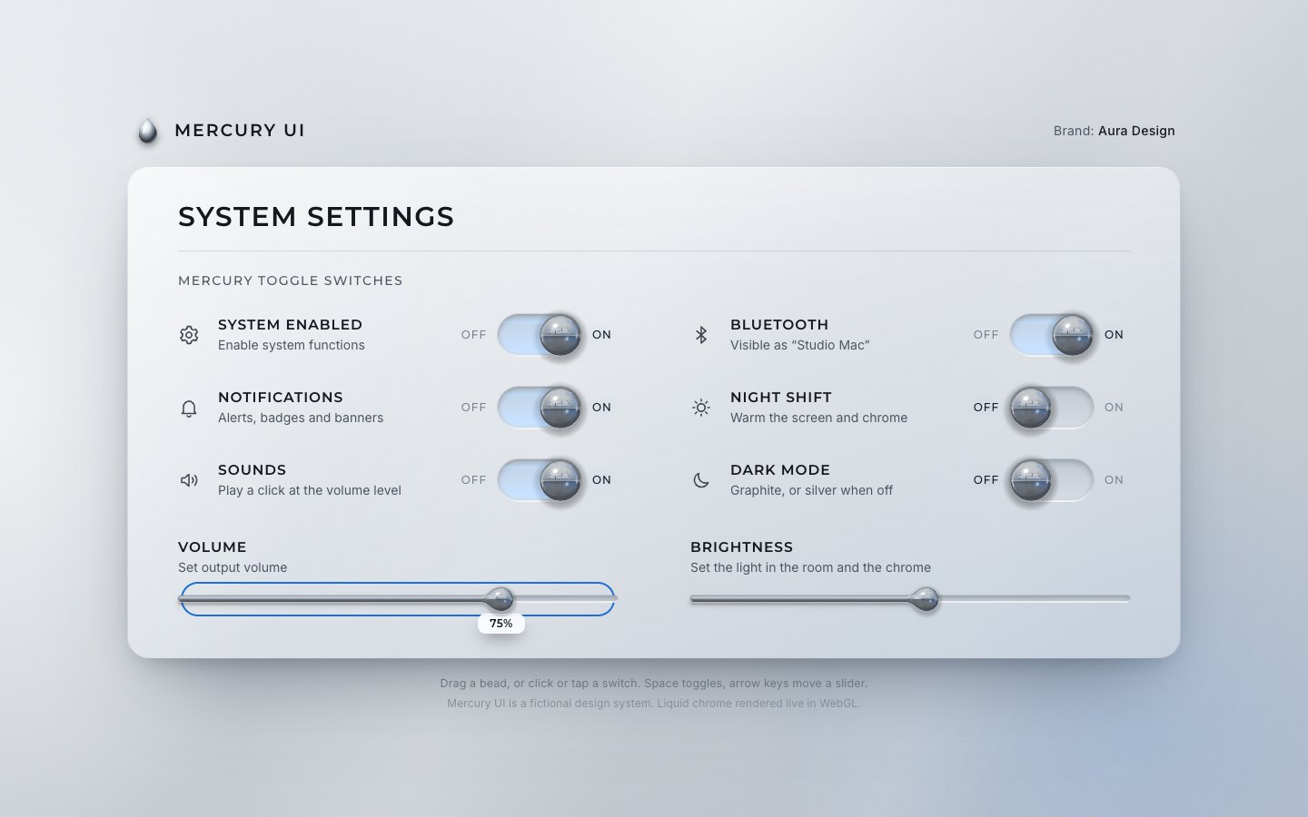 The finished panel in the silver theme, driven from the keyboard: the Volume slider focused with a blue focus ring and a 75% value bubble under its chrome bead.