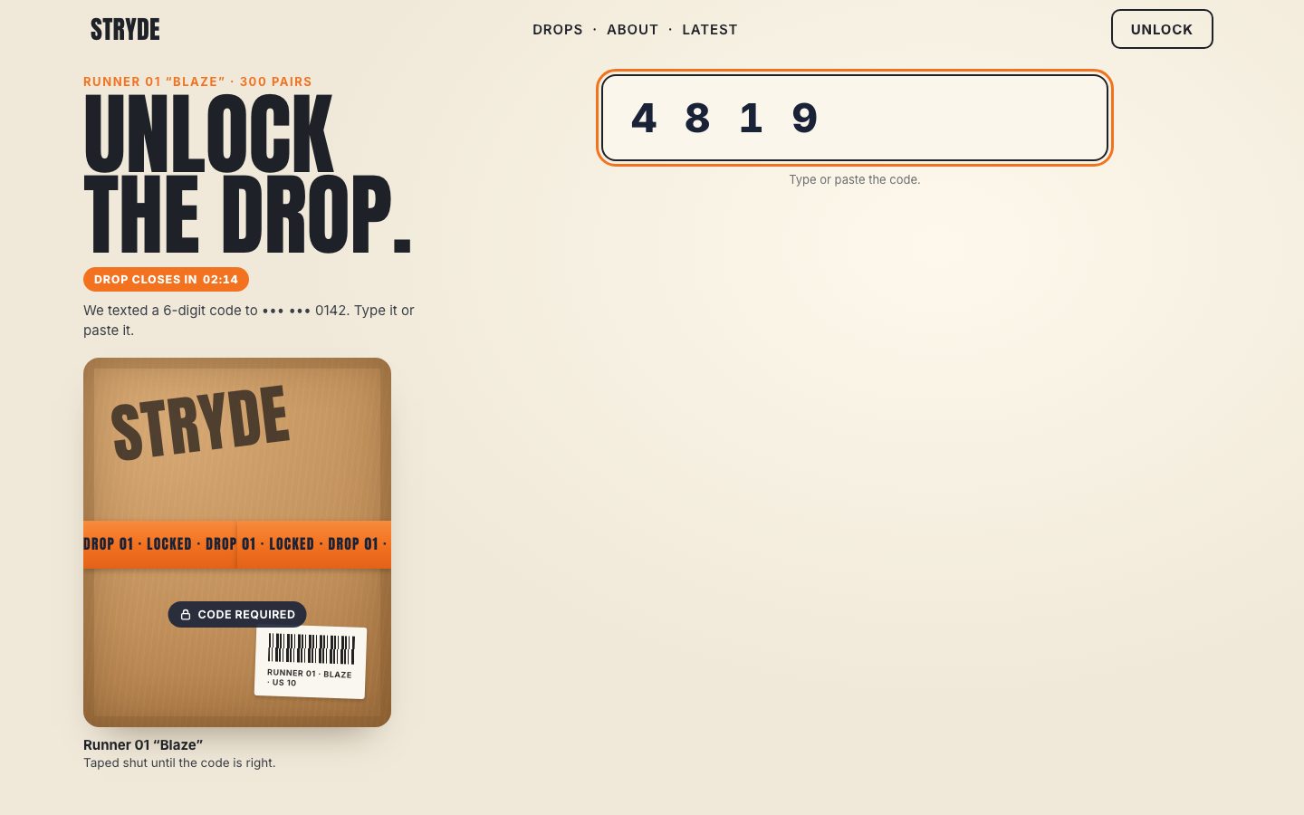 The STRYDE drop page: the headline Unlock the drop, a taped cardboard box on the left, and a plain text field with 4 8 1 9 typed into it.