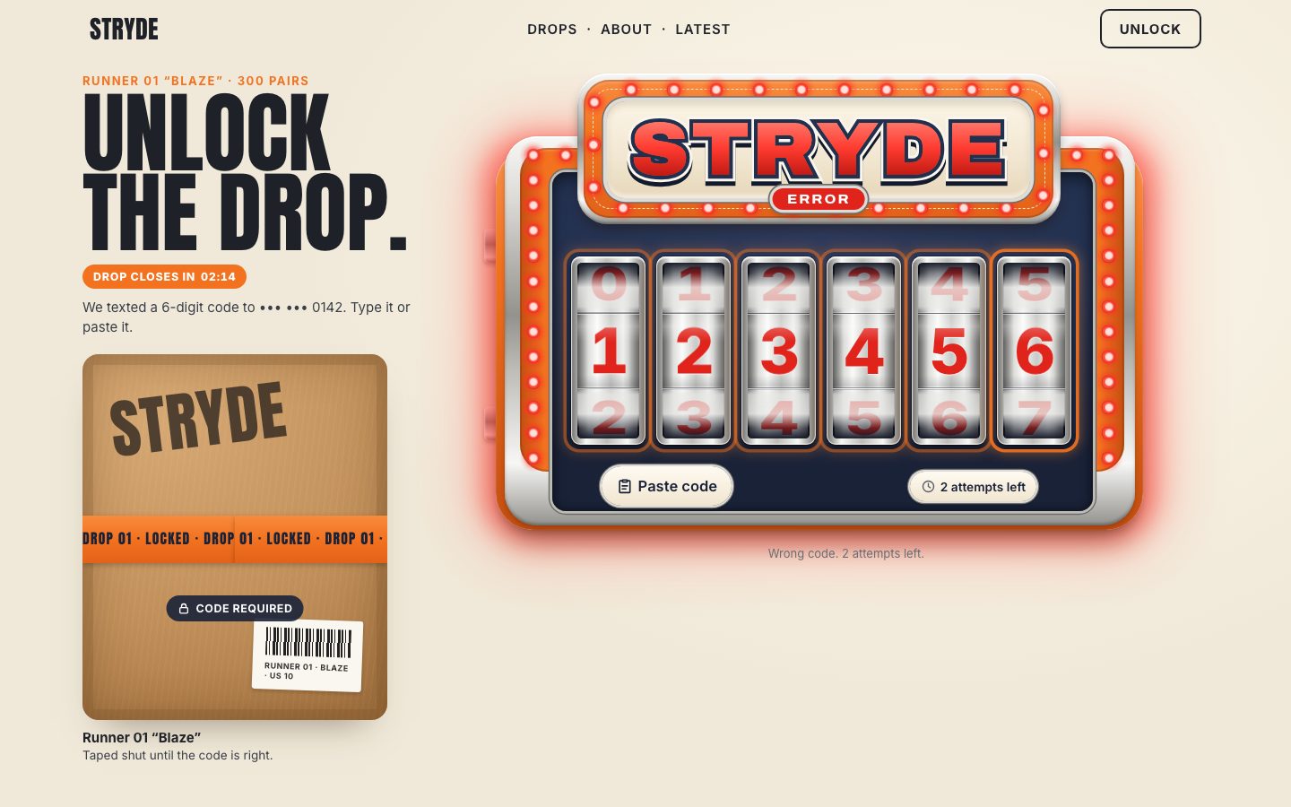 The slot machine after a wrong code: red digits 1 2 3 4 5 6, red bulbs, a red glow round the cabinet, an ERROR badge and 2 attempts left.