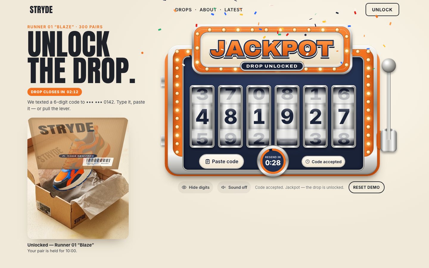 The slot machine reading JACKPOT and DROP UNLOCKED over 4 8 1 9 2 7, confetti in the air, and the shoe box on the left opening to show the sneaker.