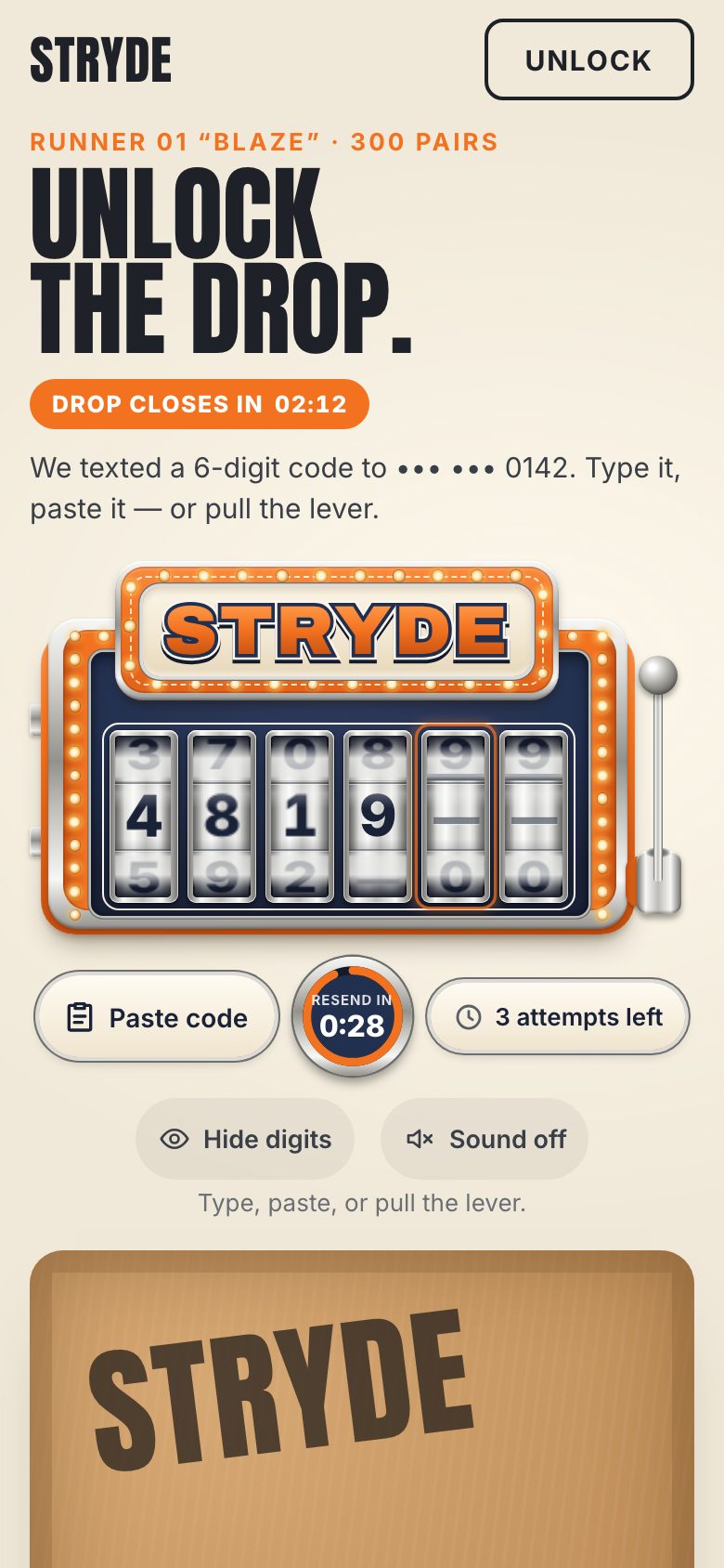 The finished component on a phone: the slot machine under the headline showing 4 8 1 9 with the caret on the fifth reel, and the paste, resend and attempts buttons in a row under it.