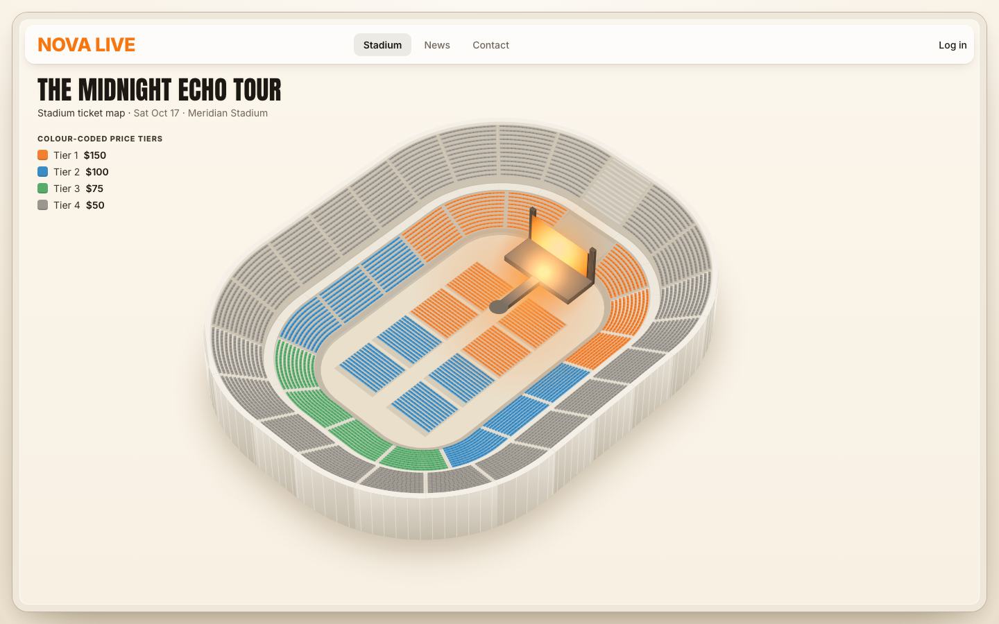 The stadium seen from above one corner: orange, blue, green and grey tiers of seats round a cream field with eight floor blocks and a glowing stage.
