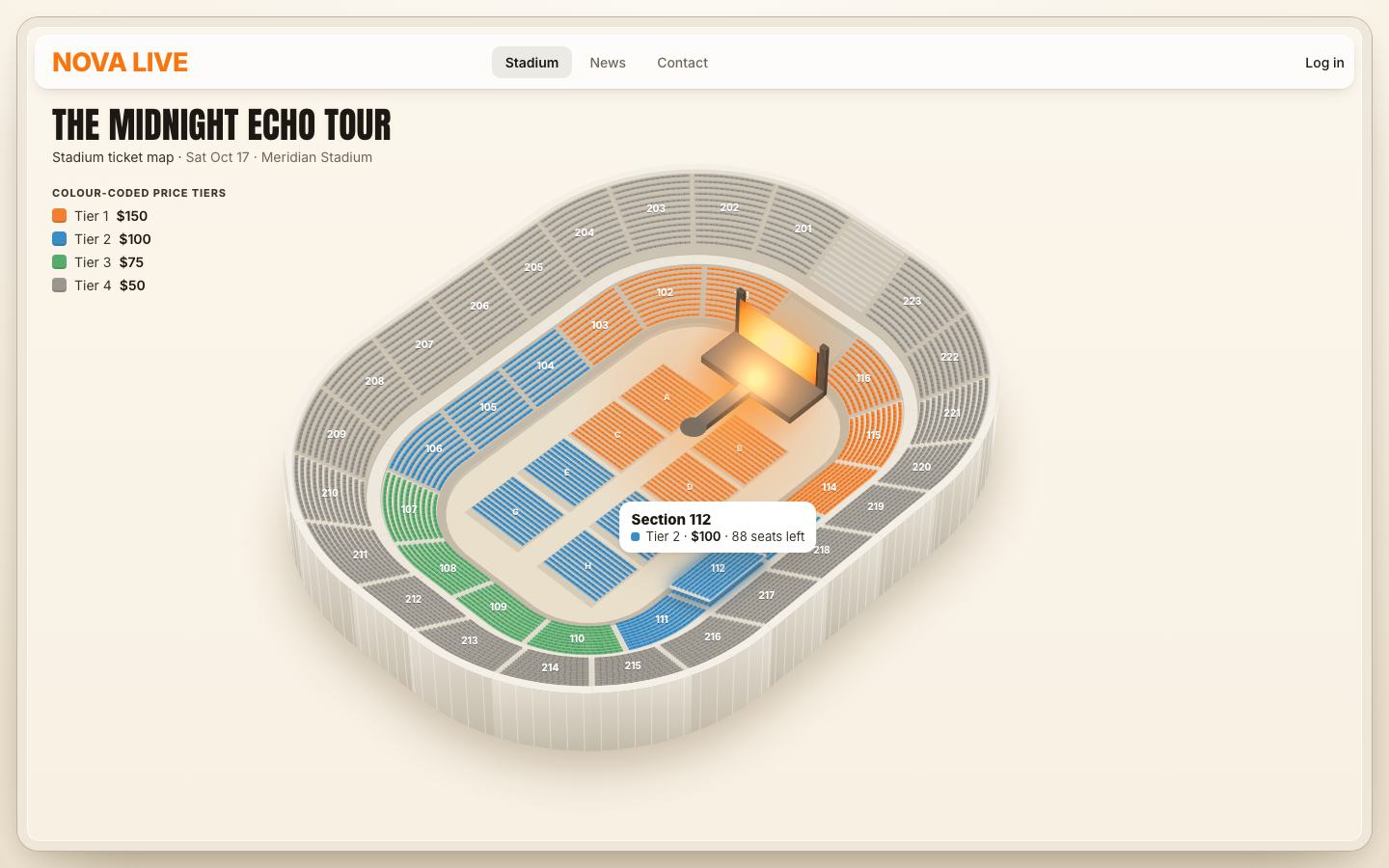 Section 112 lifted out of the bowl with a blue glow, and a white tooltip: Section 112, Tier 2, $100, 88 seats left.