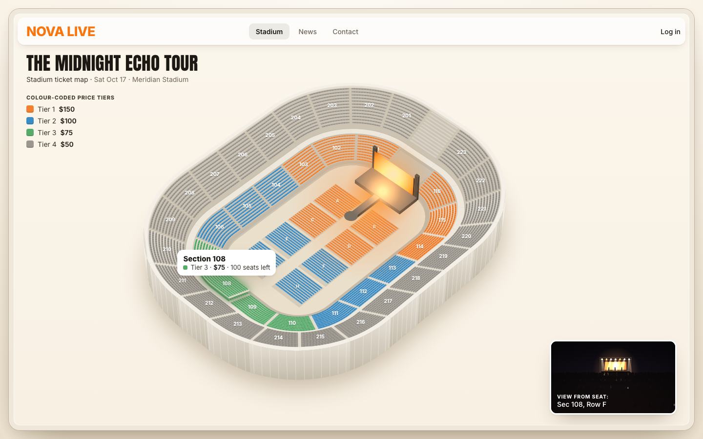 Section 108 lifted with its tooltip, and the view card in the corner: a dark arena, a glowing stage and the crowd, captioned Sec 108, Row F.