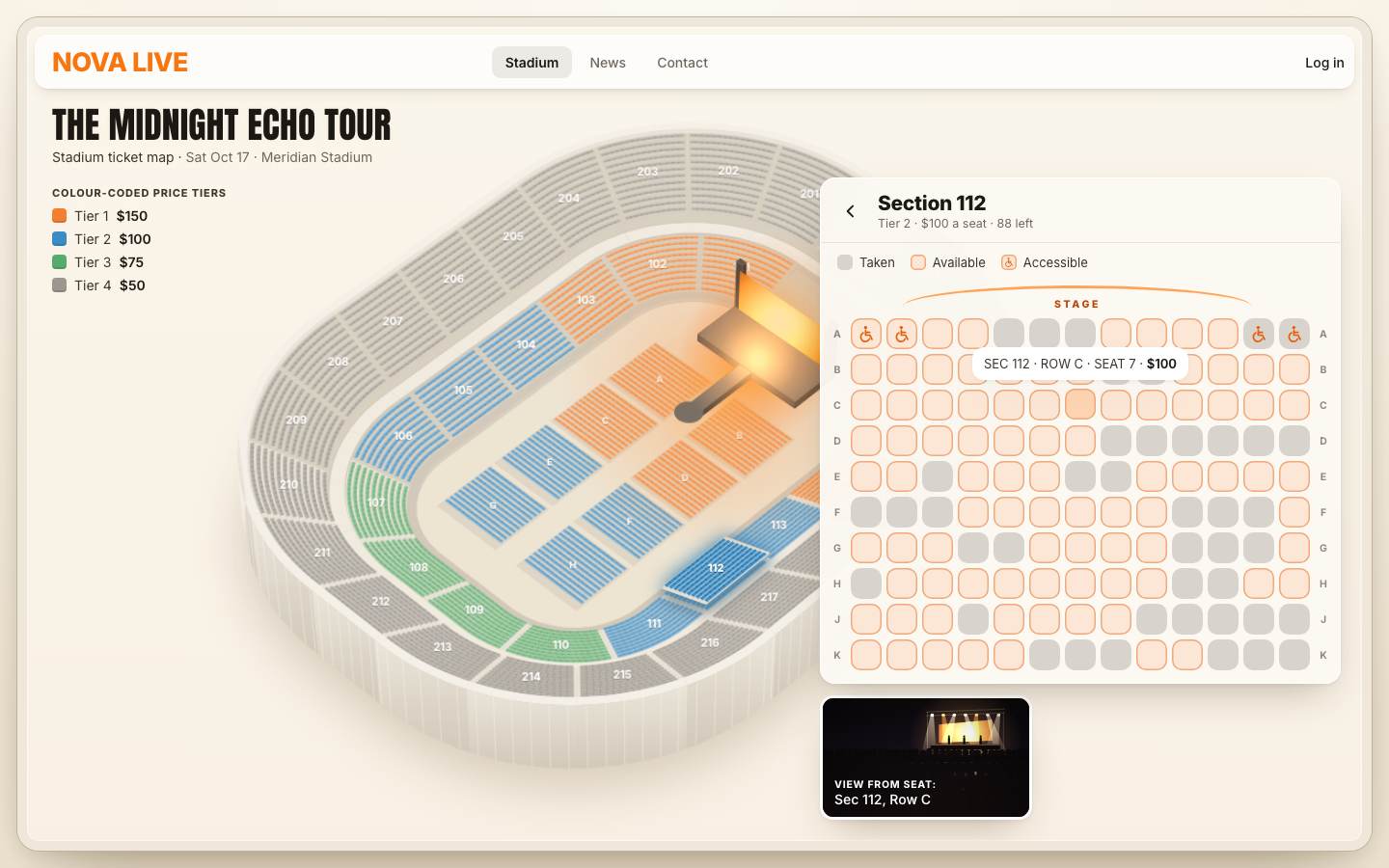 The map flown in towards section 112, which stays lifted; the seat card lists rows A to K as chips, grey where taken, with accessible icons in row A, and a tooltip over seat C7.