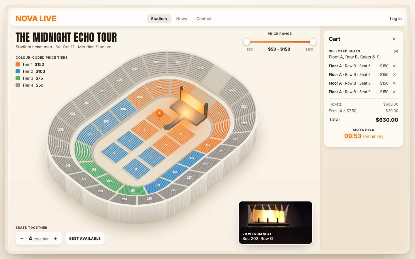 The cart column beside the map: Floor A, Row B, Seats 6–9, four lines at $150, tickets $600, fees $30, total $630, seats held 09:53 remaining.
