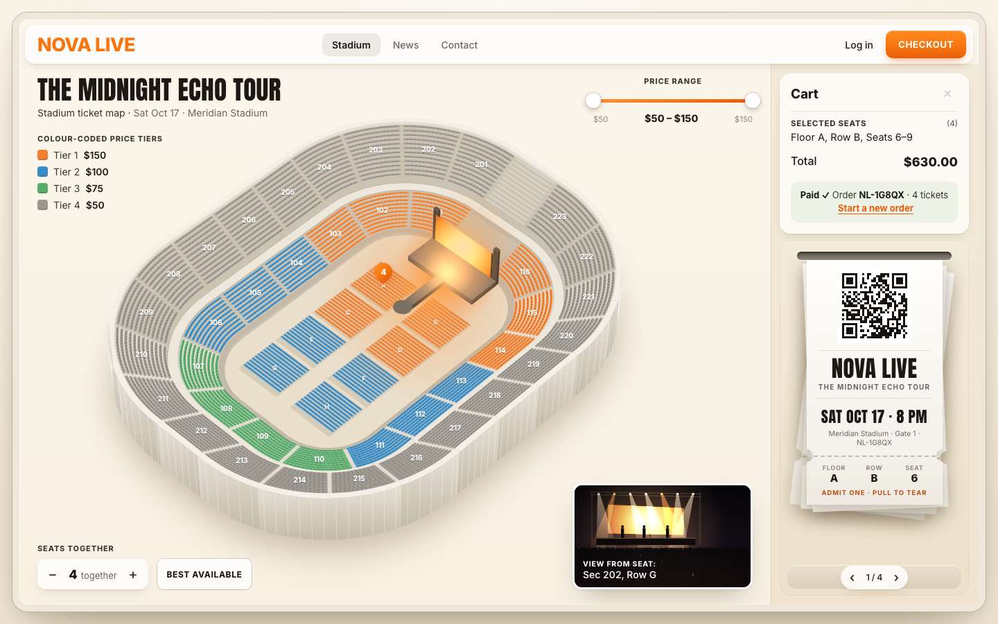 After checkout: the cart reads Paid, Order NL-1G8QX, 4 tickets; the printer shows a fan of four tickets, the front one with a QR code, NOVA LIVE, SAT OCT 17 · 8 PM and its stub: Floor A, Row B, Seat 6.