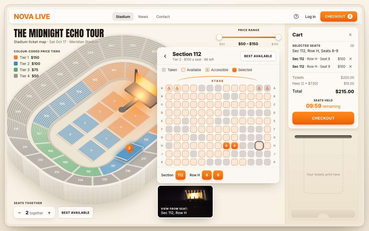 The finished picker driven by the keyboard: section 112 open, seats 8 and 9 in row H picked, the focus ring on seat H12, the cart at $215.00 with its Checkout button and the bar's Checkout counting 2.