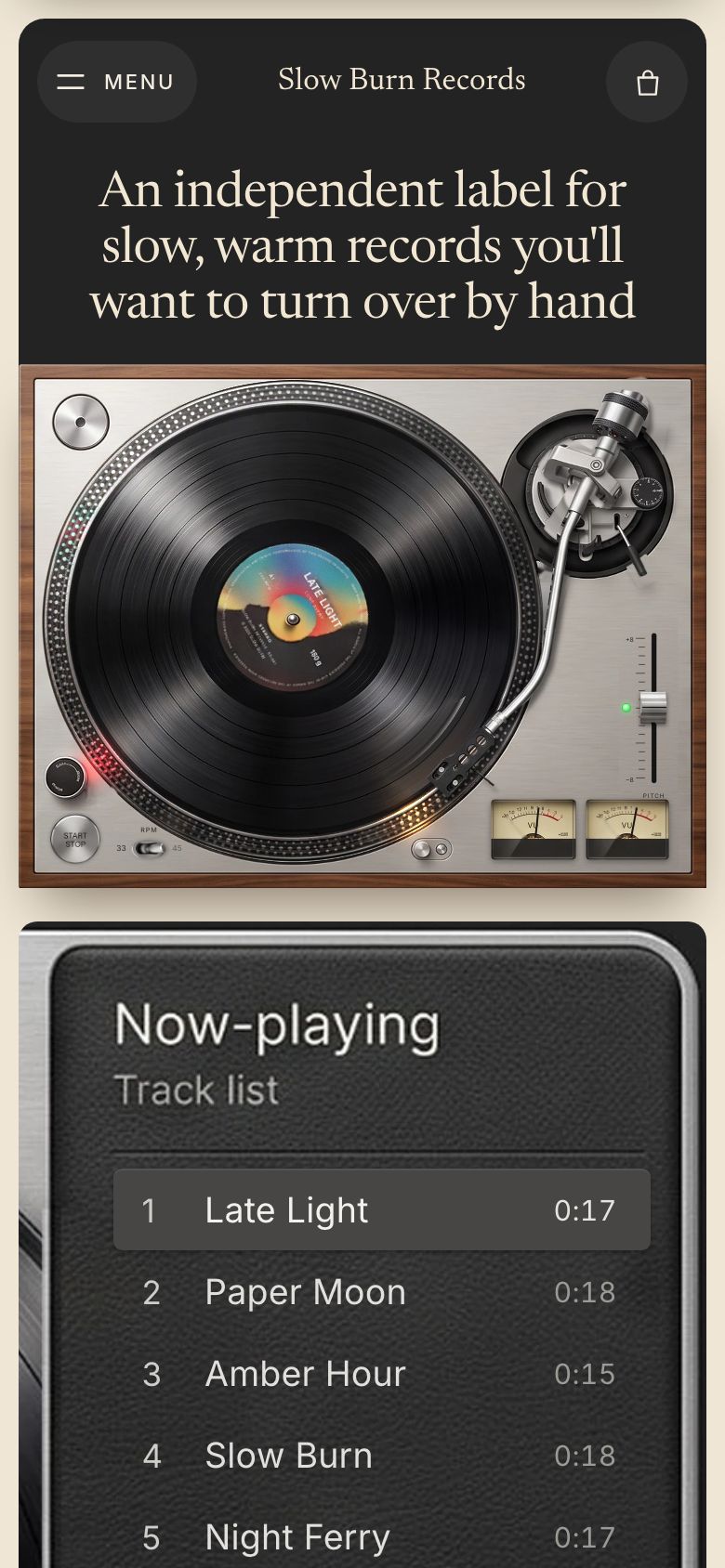 The finished page on a phone: the hero stacked over the turntable, the label printed Late Light, and the Now-playing list below it with 44 px rows