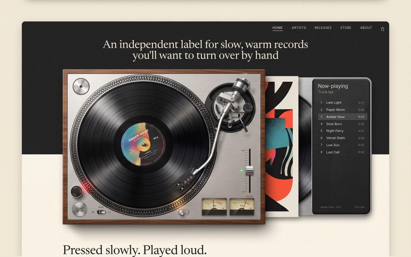 The finished page: the turntable playing Amber Hour, the list lit, the meters up