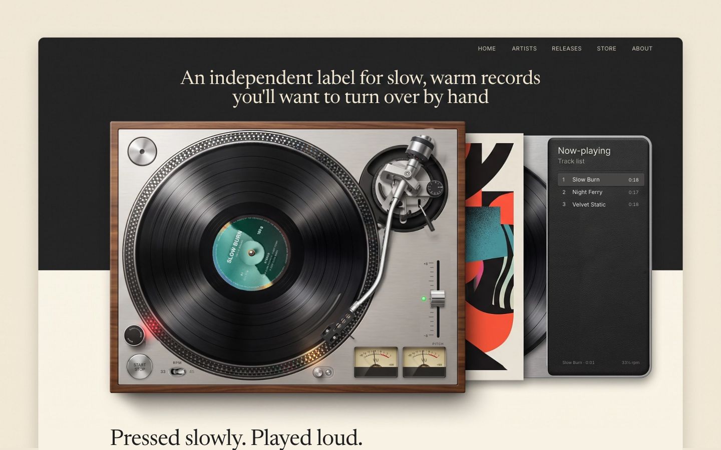 The record's label printed in teal with Slow Burn by Odile Brask after the Night Ferry EP was put on; its three tracks in the list