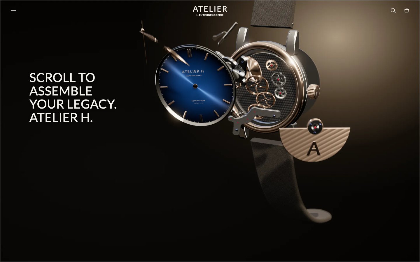 The ATELIER H. page without any 3D yet: the wordmark and the nav icons, SCROLL TO ASSEMBLE YOUR LEGACY. ATELIER H. on the left, and a still of the exploded watch on black velvet under a warm spotlight from the top right.
