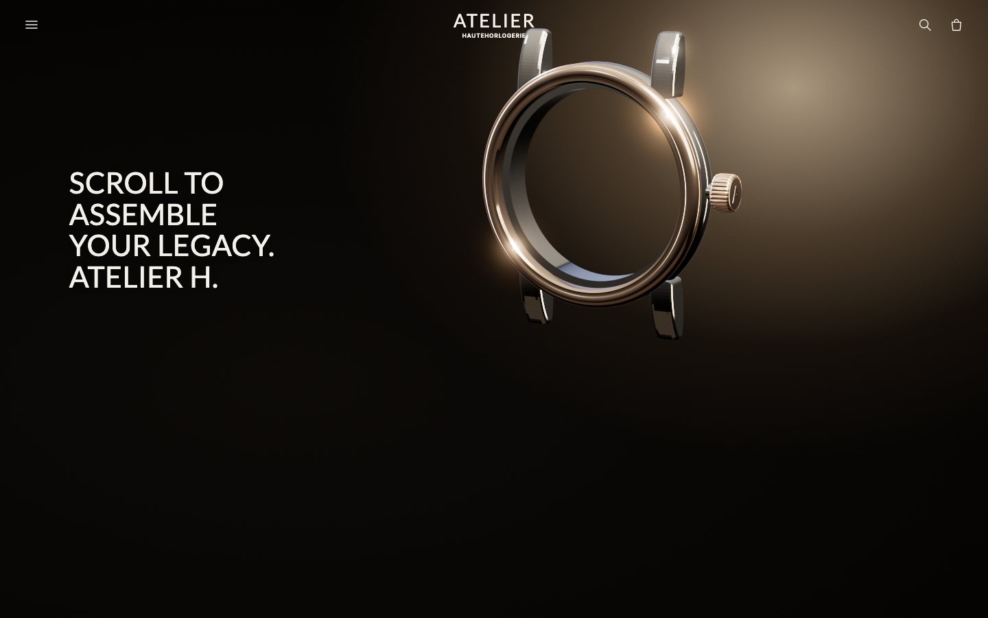 The 3D studio: the empty case alone, rendered live in three.js on the velvet: polished steel with four curved lugs, the domed rose-gold bezel and the fluted crown, warm light running round the bezel, the velvet showing through the open middle.