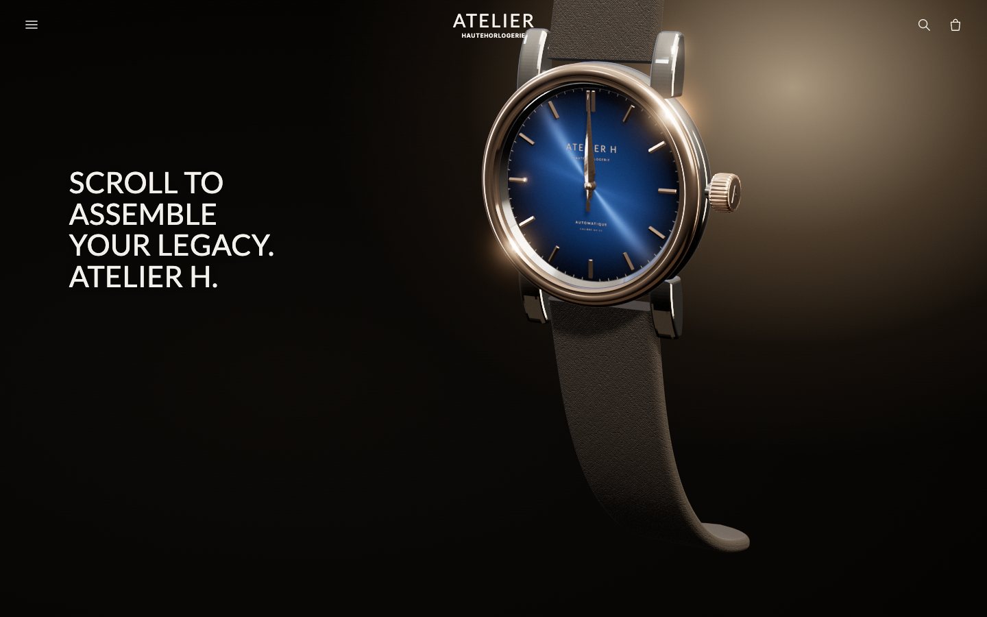 The whole watch modelled in code, assembled: the rose-gold bezel, the blue fumé sunburst dial with applied indices and its print, the taupe saffiano strap, the hands at twelve.