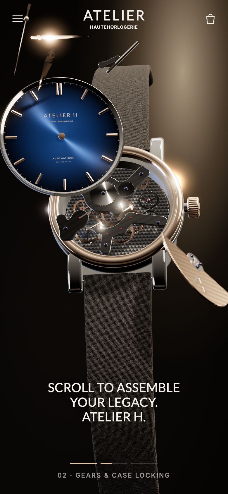The same moment on a phone: the movement assembling, the headline centred low, and the three-segment rail reading 02 · Gears & case locking.