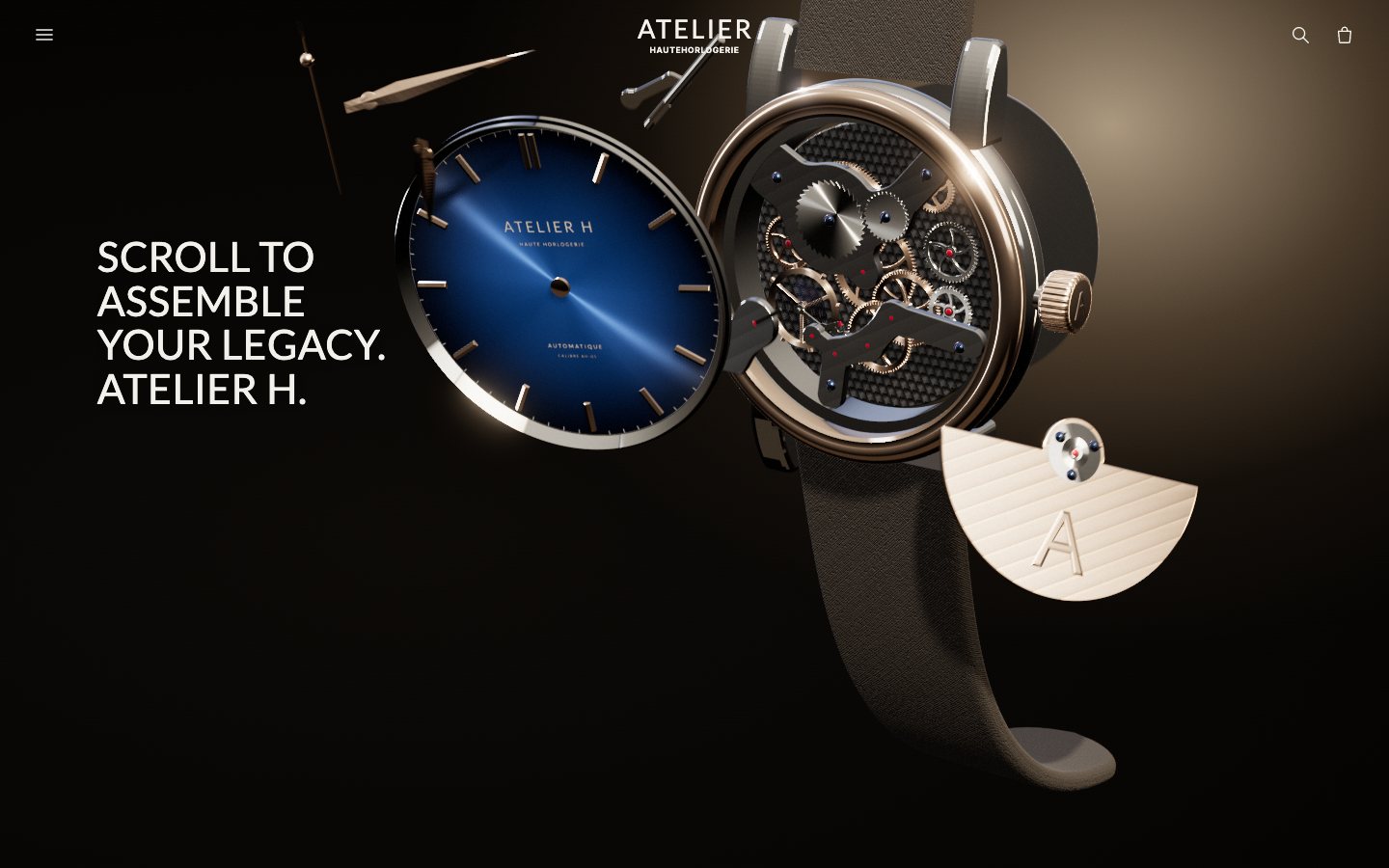 Halfway through the scroll: the strap is on, the gear train and the bridges with ruby jewels sit in the open case, the blue dial still floats in front of it, the hands hang above, and the rose-gold rotor with its A drifts in from the right.