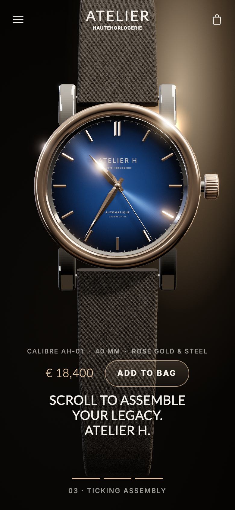 The finished watch on a phone, frontal, the strap running off the top and bottom, the product line and Add to bag above the centred headline.