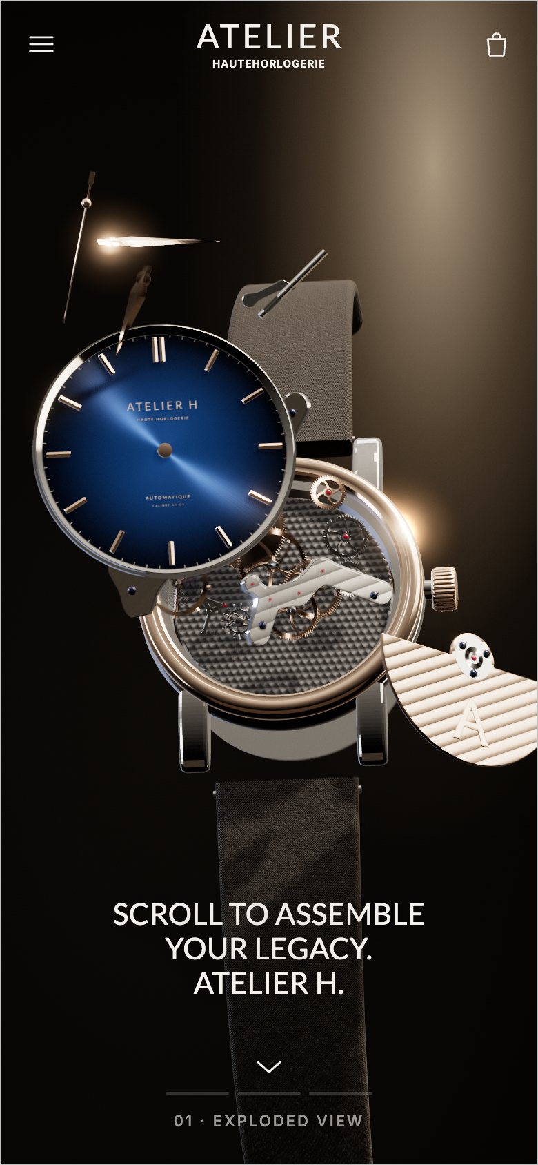The first screen on a phone: the exploded watch stacked vertically, the headline centred low, a chevron, and the rail reading 01 · Exploded view.