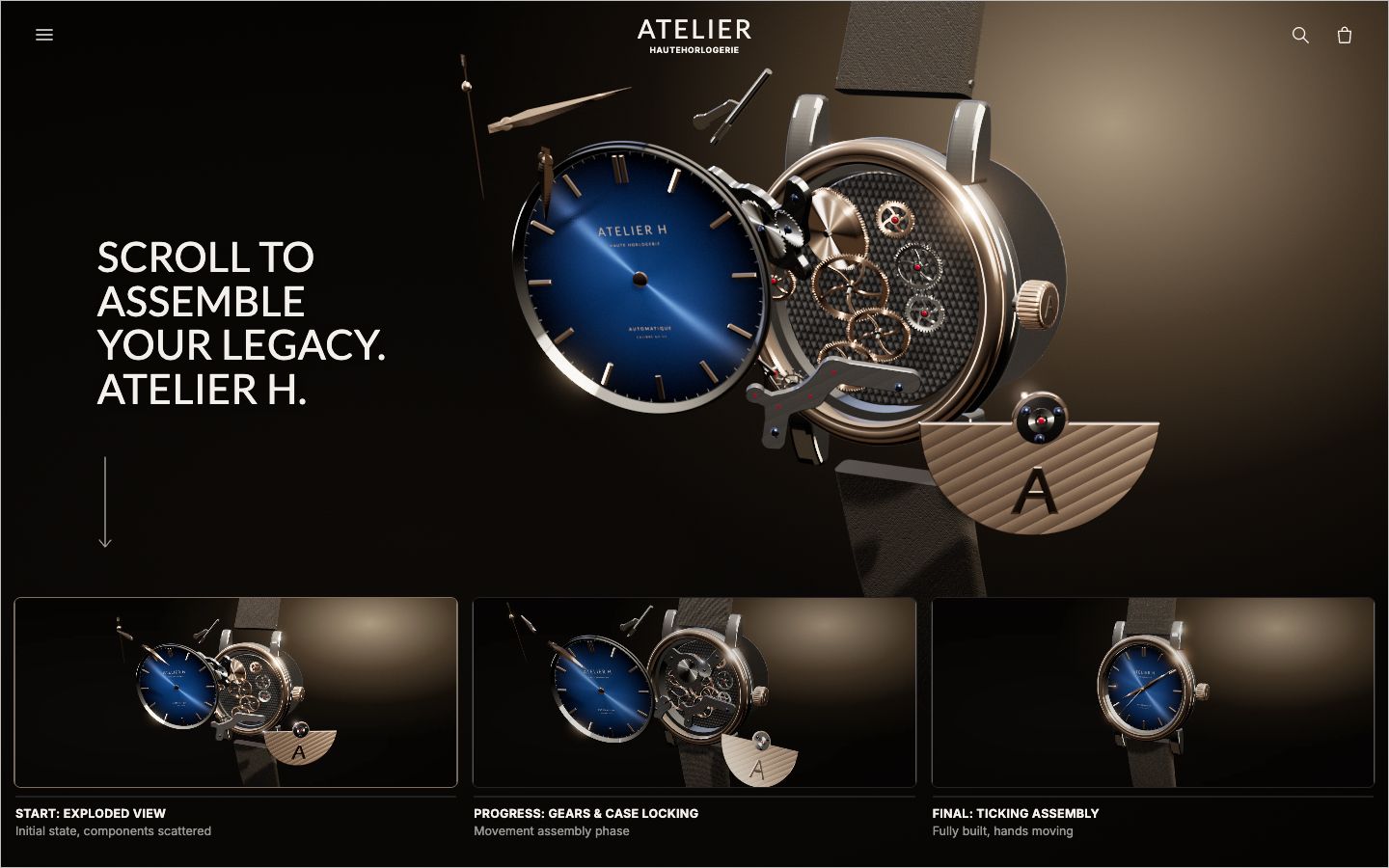 The first screen of the finished page: the watch in exploded view, the dial module floating front left, the hands and the stem up left, the rotor bottom right, the movement lifted out of the case, a thin scroll cue under the headline, and the three state tiles below.